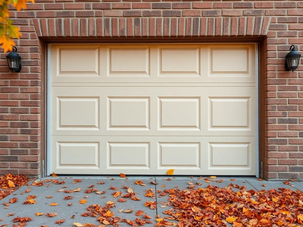 Autumn leaves near residential garage with carriage-style doors