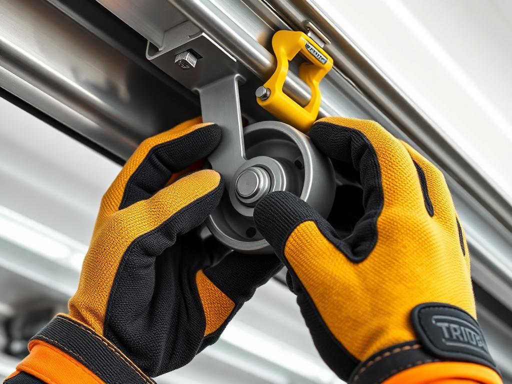Professional garage door technician performing roller replacement